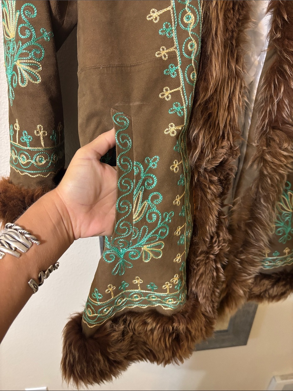 Penny lane Bohemian Embroidered Faux-Fur Trim Brown Coat - Picture 5 of 8